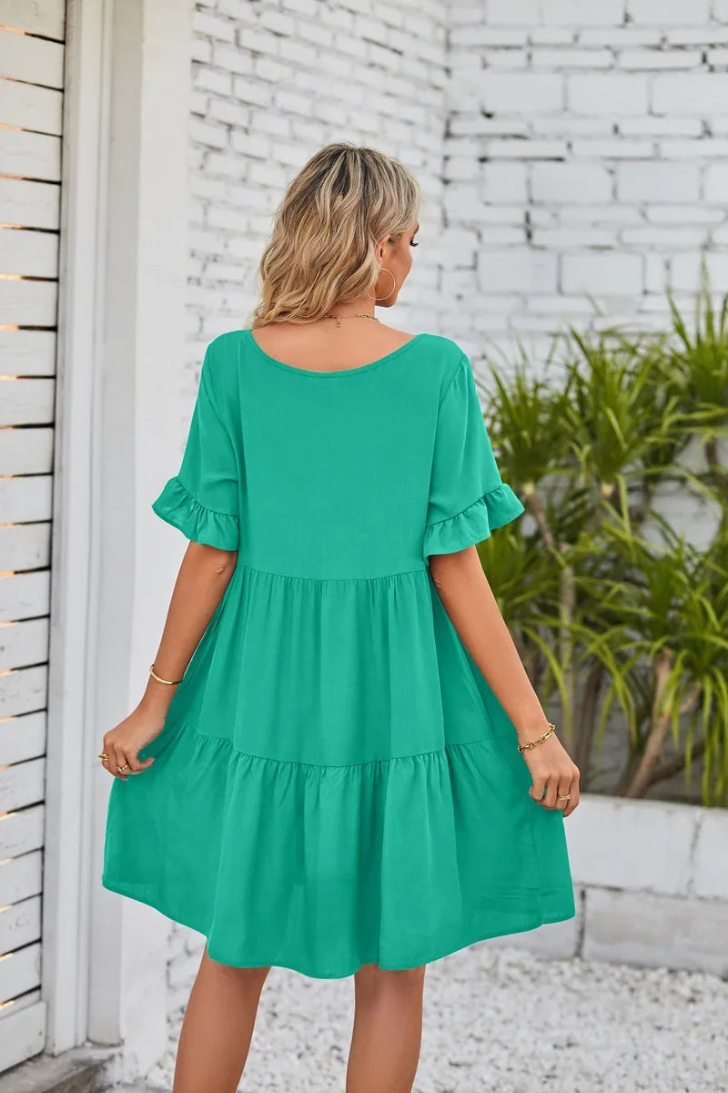 Vestido Midi de Playa | Algodón Liso Cuello V | Mangas Cortas con Volantes | Tico Trendy