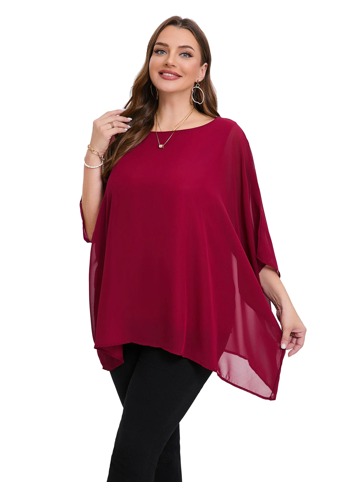 Blusa de Gasa Manga Murciélago Plus Size | Cuello Redondo Holgada | Tallas 2XL-8XL | Tico Trendy