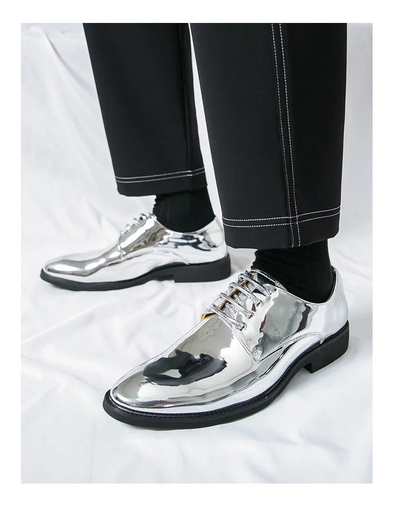 Zapatos Hombre Charol Plateados Lujo Boda Fiesta Punta Puntiaguda | Talla Grande