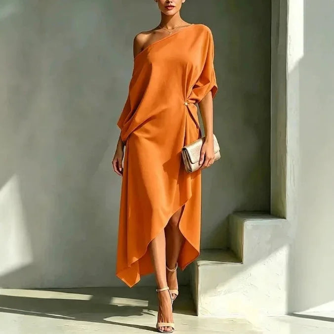 Vestido Maxi Fruncido Asimétrico Hombros Descubiertos
