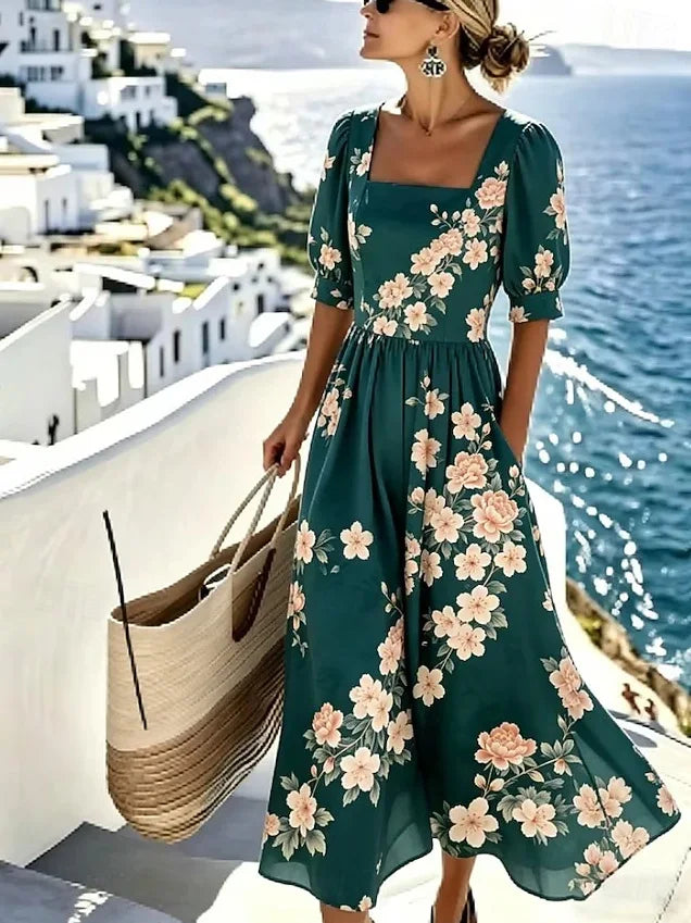 Vestido Corto Estampado Cuello Cuadrado con Bolsillos