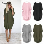 Personalizable gran oferta Otoño Invierno mujer moda bolsillo vestido suelto señoras sólido cuello redondo Casual Tops largos vestido