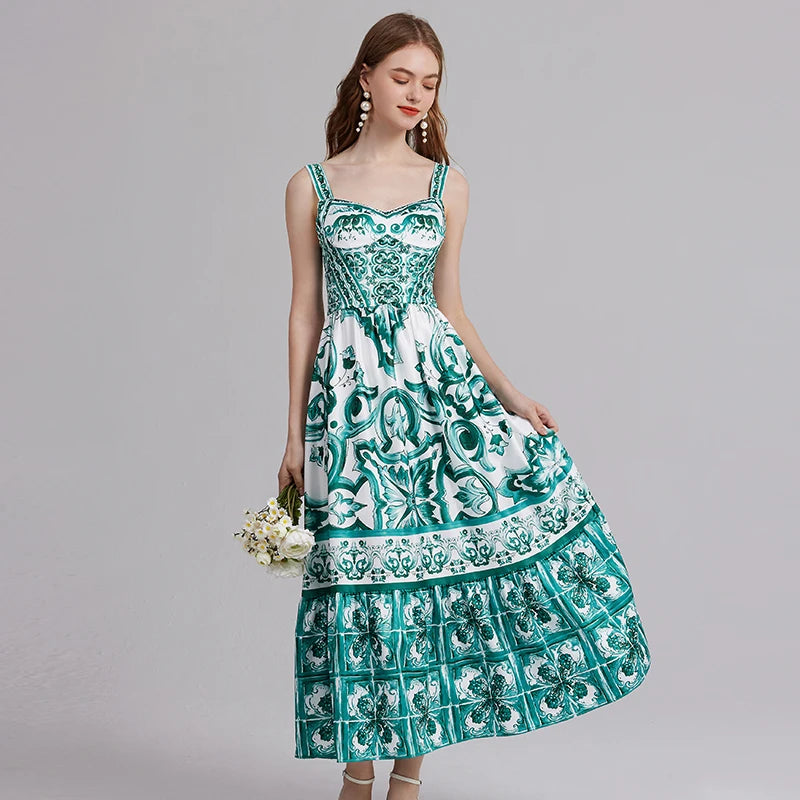 Vestido Vintage Estampado A-Line | Tiras de Espagueti Espalda al Aire Primavera Verano