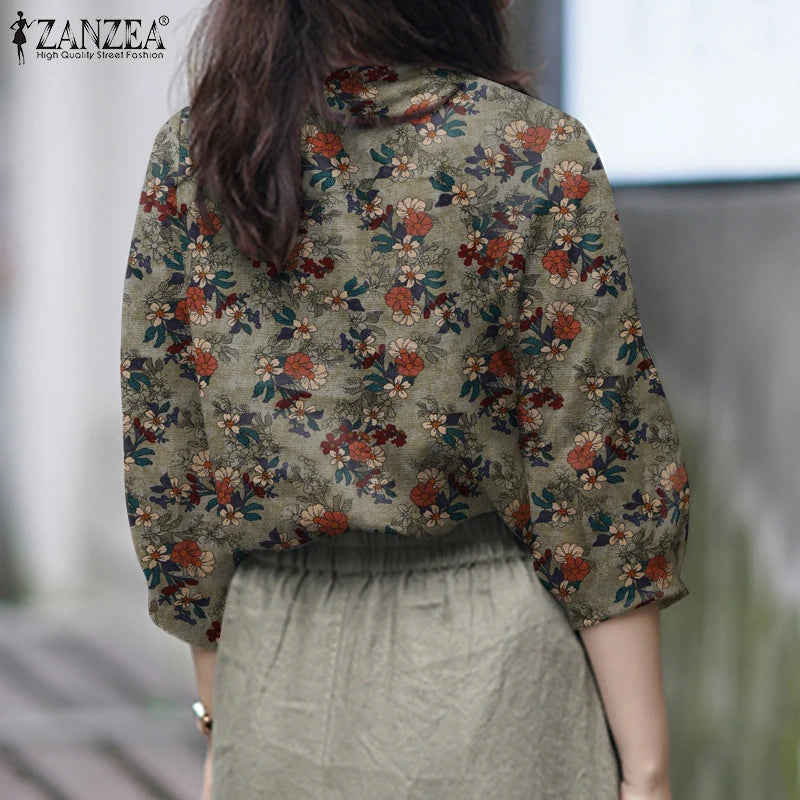 ZANZEA Blusas de algodón con estampado Floral de talla grande para mujer, blusas de manga 3/4 con cuello en V, Top de corte alto-bajo, Blusas informales para primavera y verano, 5XL
