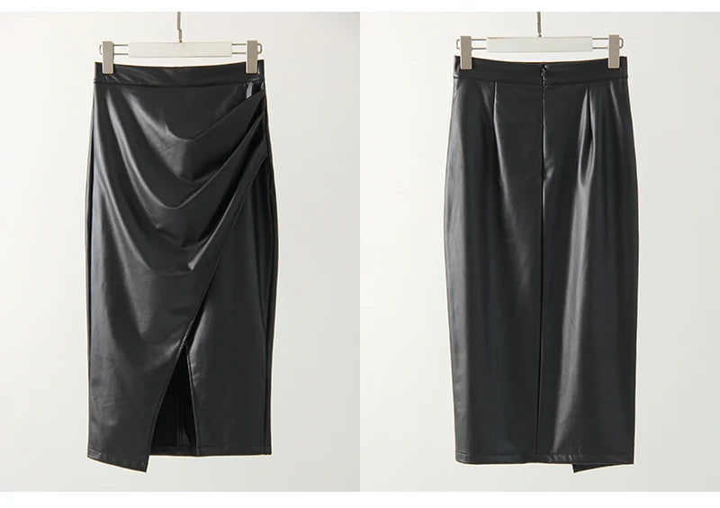 Falda Midi De Cuero Sintético Con Abertura Y Pliegues Sexy
