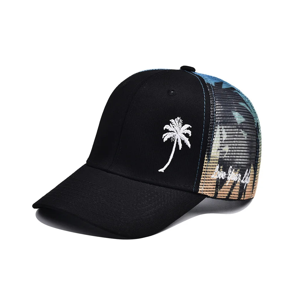 Trucker Cool Designs Transpirable Cocoteros Bordado Béisbol Sombra al aire libre Protección solar Gorra de malla Sombrero para el sol para hombres y mujeres