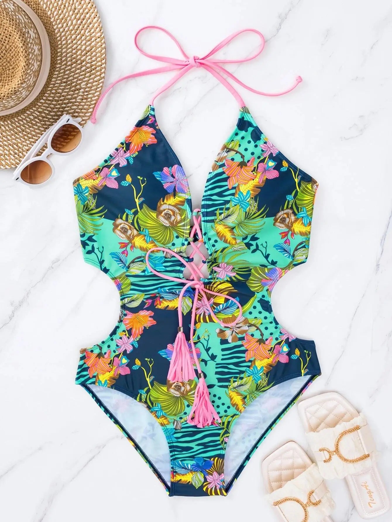 Traje de Baño 1 Pieza Floral - Bikini de Playa con Encaje Frontal y Sexy