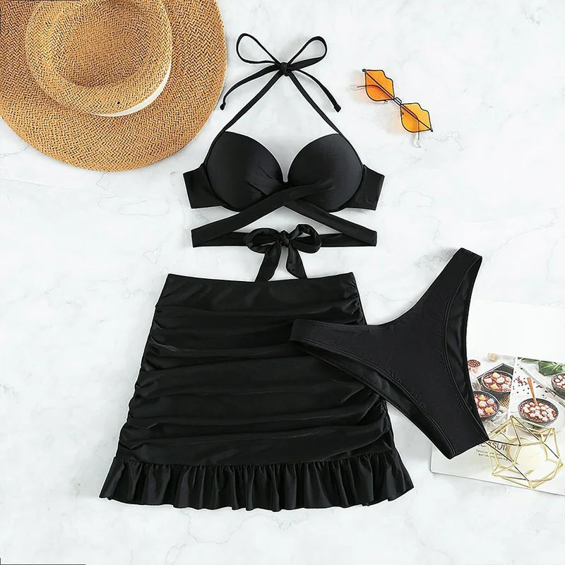 Conjunto de Bikini 3 Piezas con Falda - Top con Nudo y Bottom de Tiro Alto