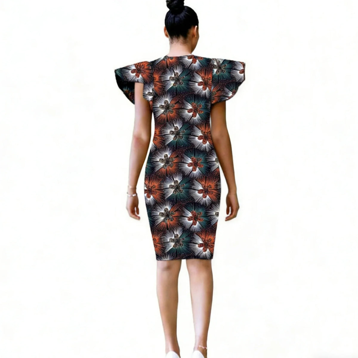 Vestido Ajustado Ankara con Mangas Hoja de Loto