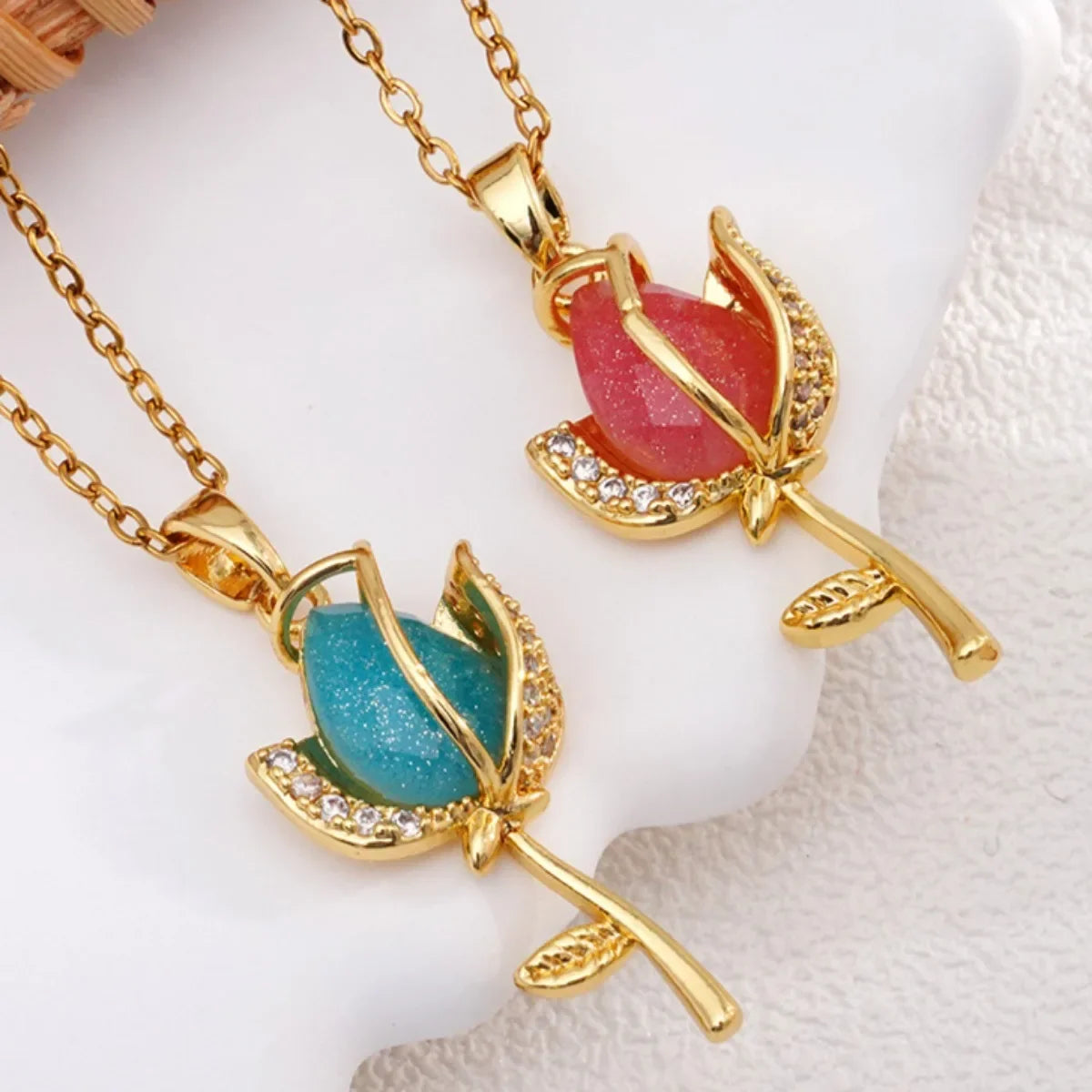Cadena de acero inoxidable elegante colorido cristal circón tulipán flor colgante collares para mujeres niñas Color oro joyería de moda