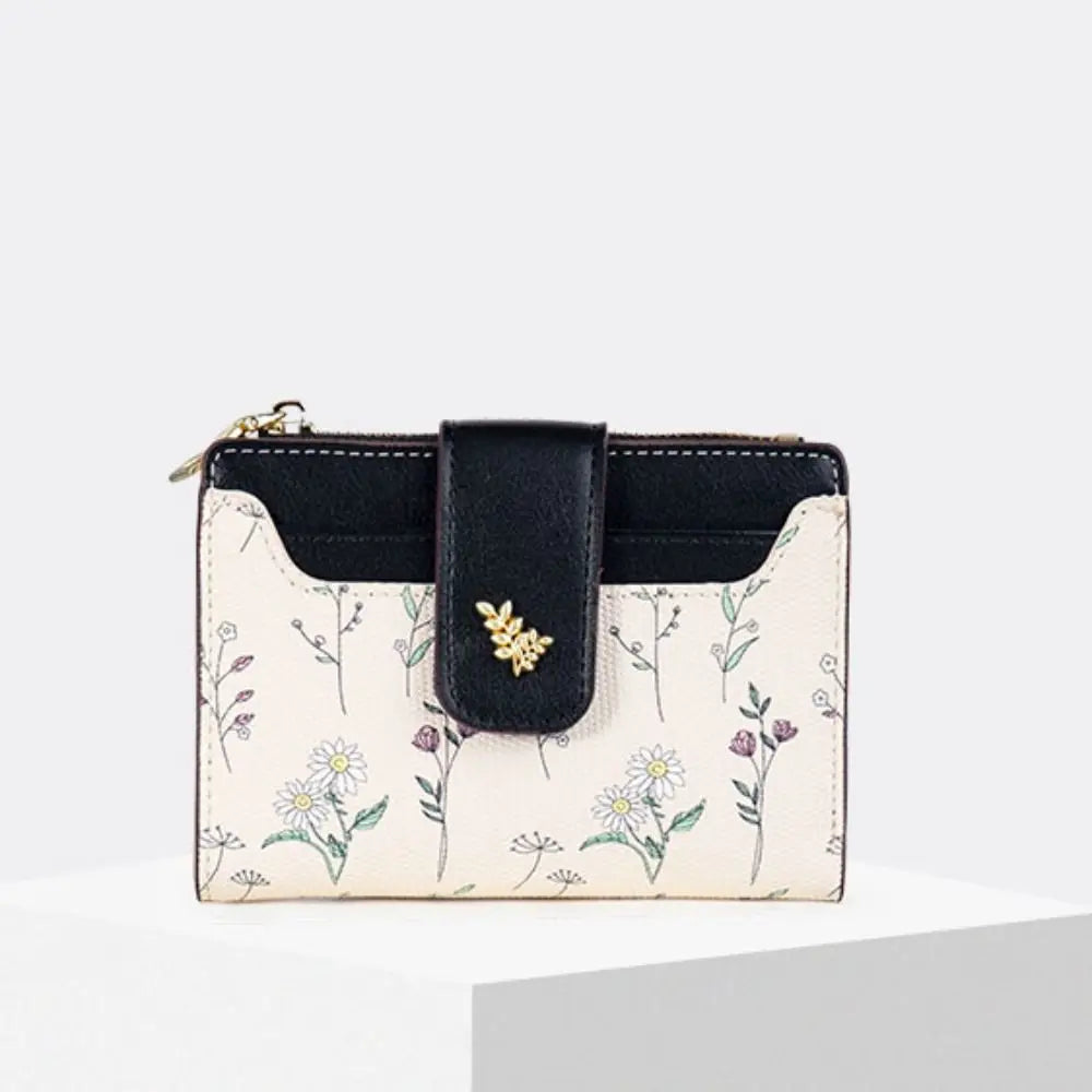Cartera corta delgada de cuero PU INS, monedero con cremallera para múltiples tarjetas, monedero con flores pequeñas, cartera con cremallera para mujer y niña
