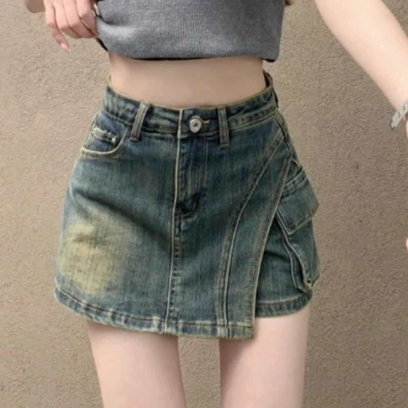 Falda Mini Vaquera Acampanada Estilo Retro Y2K | Cintura Imperio Bolsillos