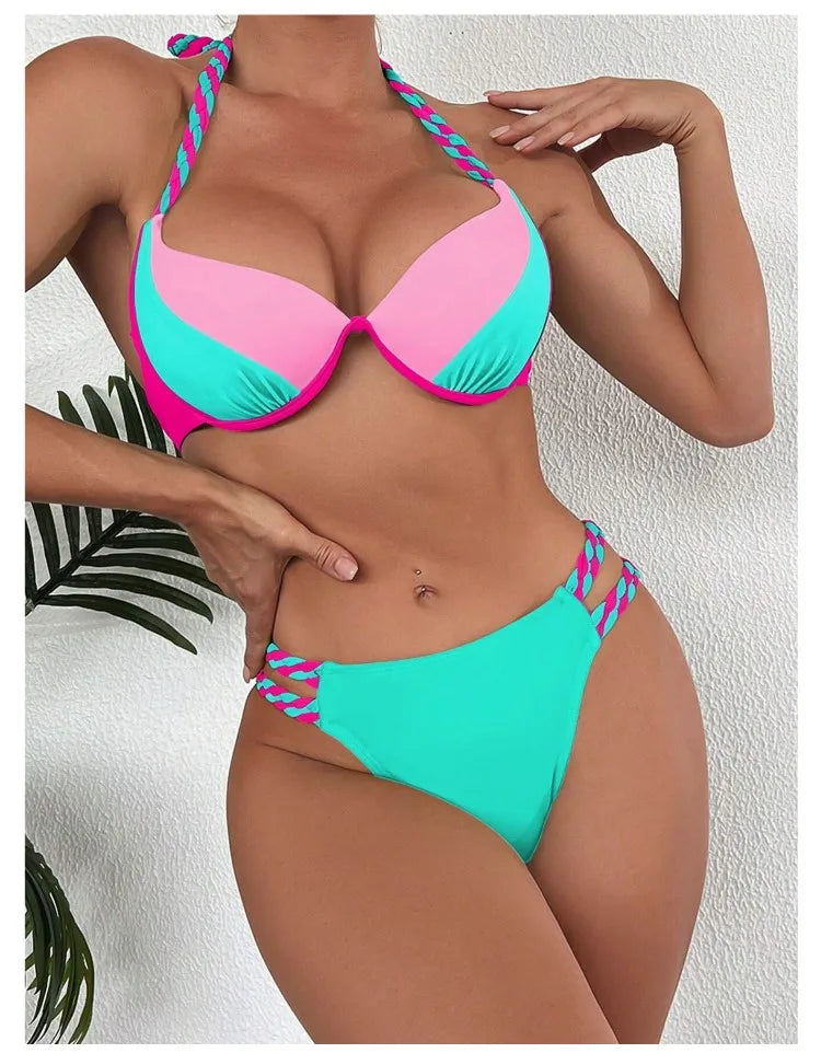 Bikini Push Up Colorblock con Estilo Halter para Playa