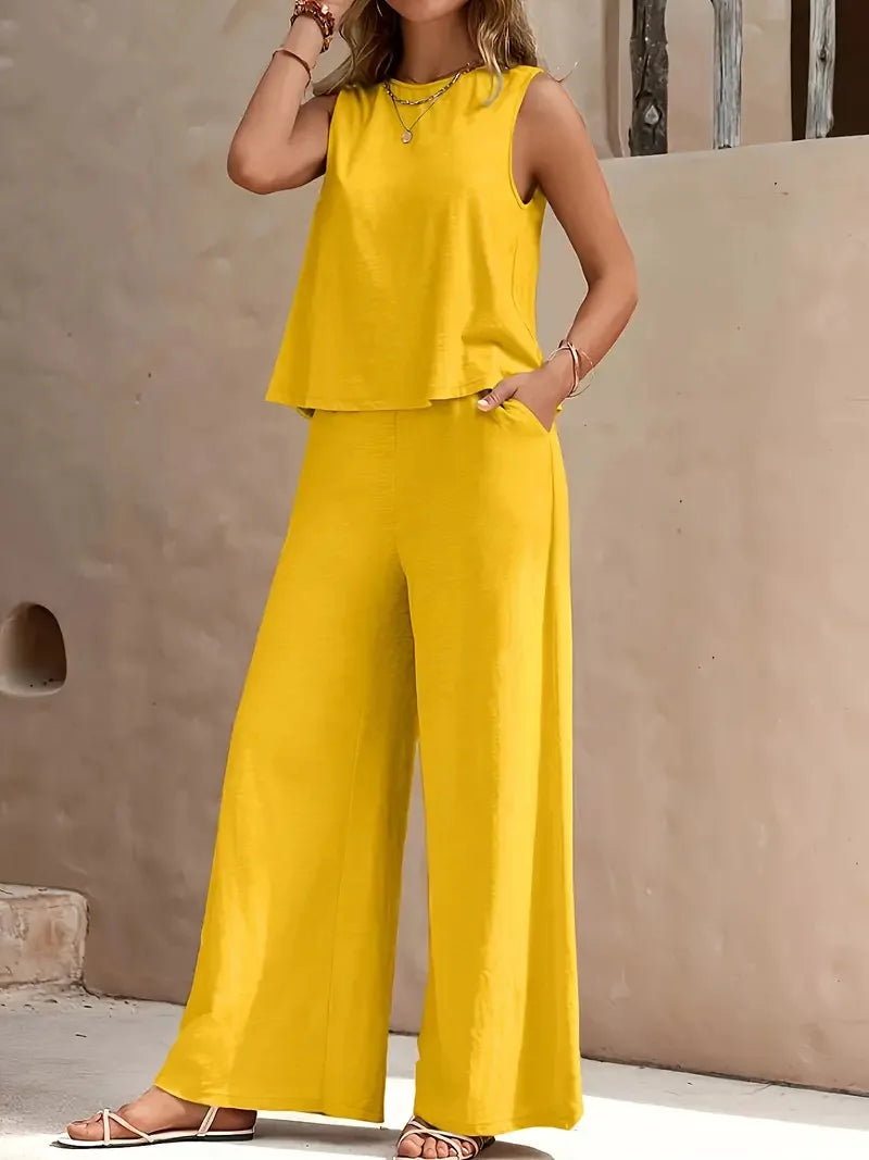 Ticotrendy: Conjunto Elegante de Pantalón y Top Sin Mangas | Color Sólido Verano 2025