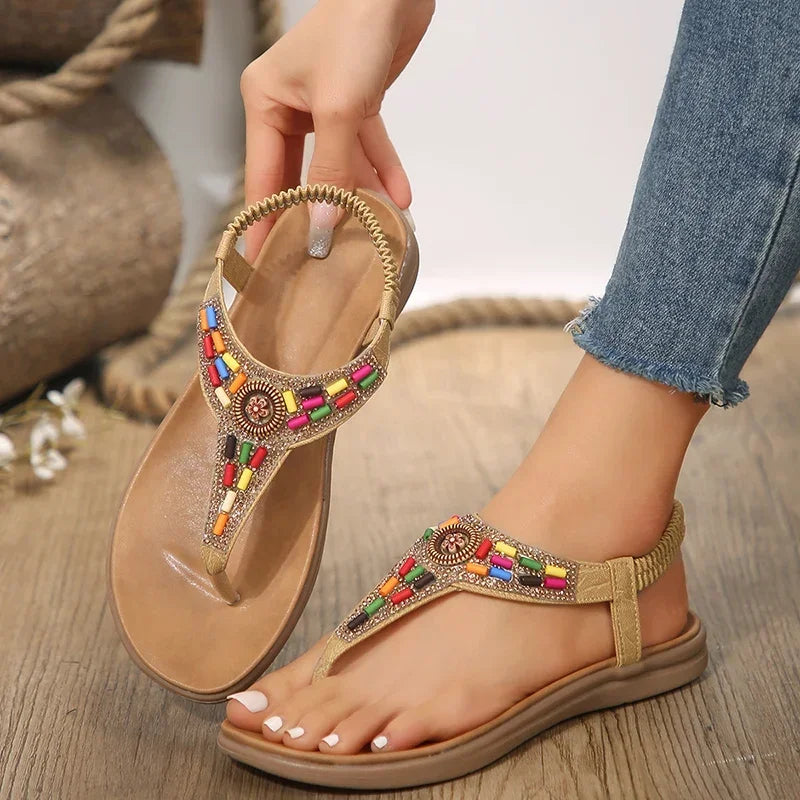 Sandalias Planas Bohemias Estilo Romano Gladiador | Tiras con Cuentas Clip Toe