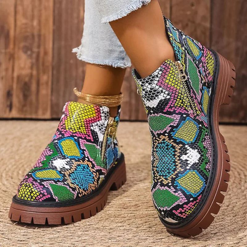 Botines de Plataforma | Estampado de Serpiente | Punta Redonda Elegante