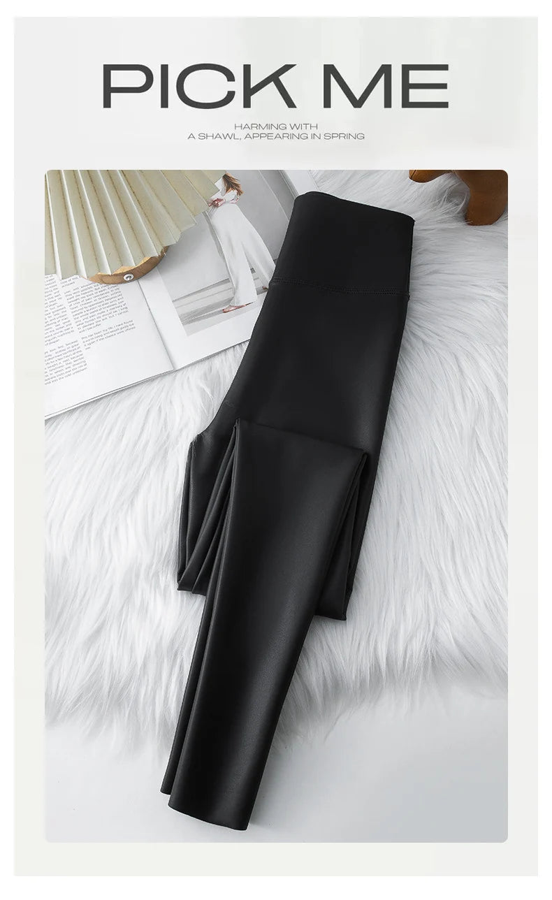 Leggings PU Cuero Invierno | Lana Fina Sexy Ajustado | Cintura Alta Elástico Cálido
