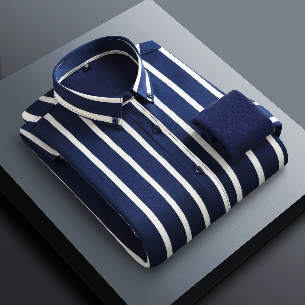 Camisa Rayas Terciopelo Hombre | Engrosada Cálida | Negocios Casual | Invierno S-4XL