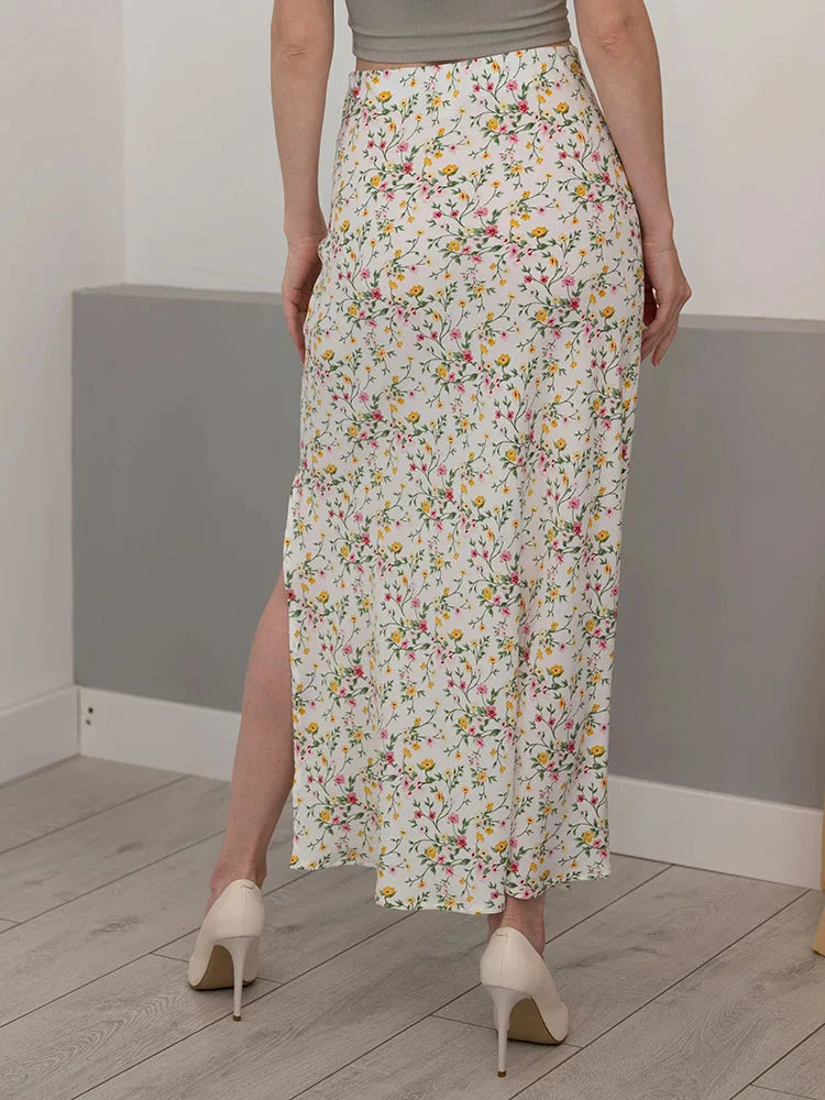 Falda Larga De Gasa Floral Con Abertura Y Vuelo De Verano