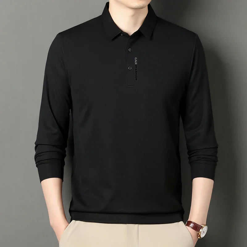Polo con solapa para hombre, camiseta elástica de alta calidad, Top informal de negocios, camisetas clásicas de manga larga, cómodas y ajustadas, otoño