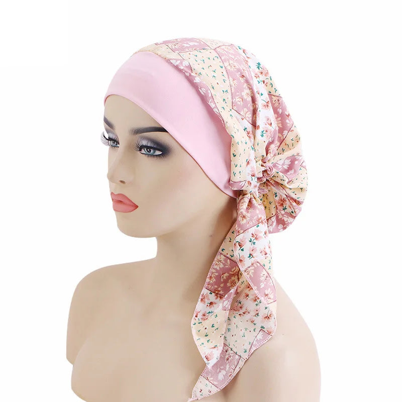 Nuevo pañuelo para la cabeza con estampado satinado para mujer, turbante musulmán elástico preatado, gorro para dormir para quimioterapia, cubierta para la pérdida de cabello, pañuelo para la cabeza