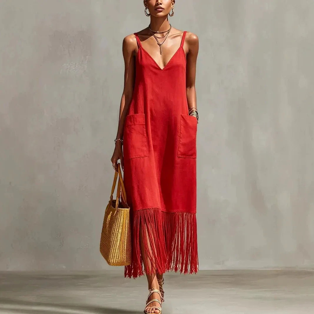 Vestido Largo Casual con Tirantes y Borlas
