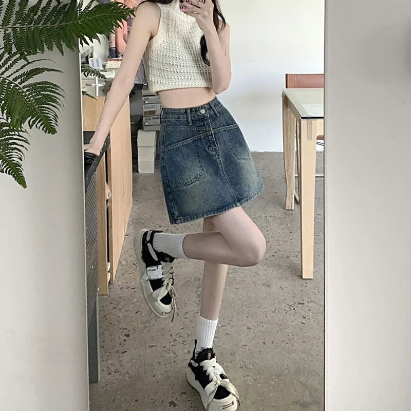 Falda Mini Vaquera Acampanada Cintura Alta | Estilo Coreano Casual Bolsillos