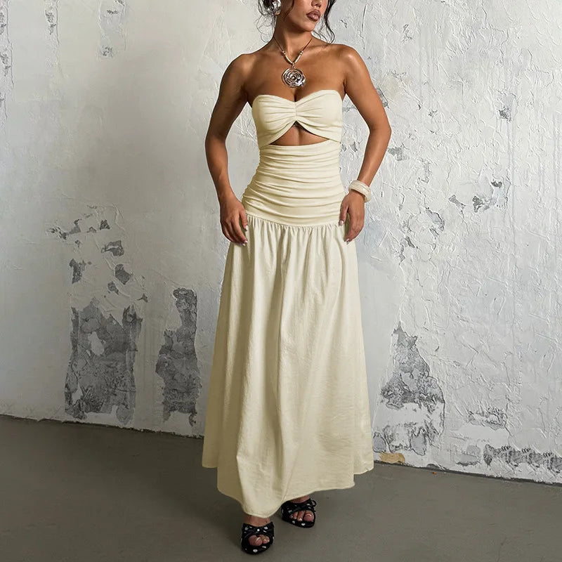 Vestido Plisado Sin Tirantes Hombros Descubiertos