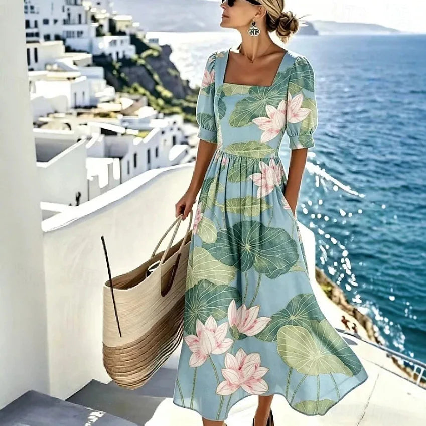 Vestido Corto Estampado Cuello Cuadrado con Bolsillos