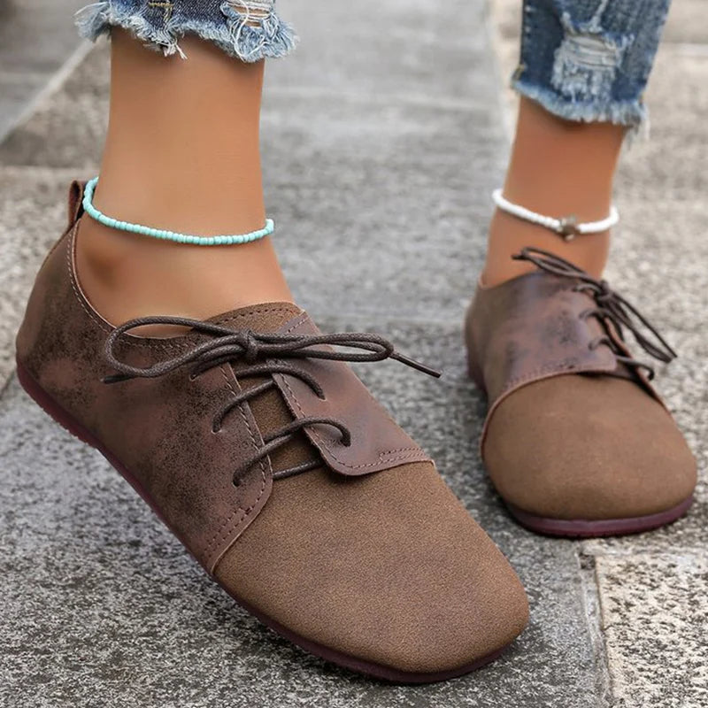 Zapatos Planos Marrones con Cordones | Gamuza Sintética | Punta Redonda | Talla Grande