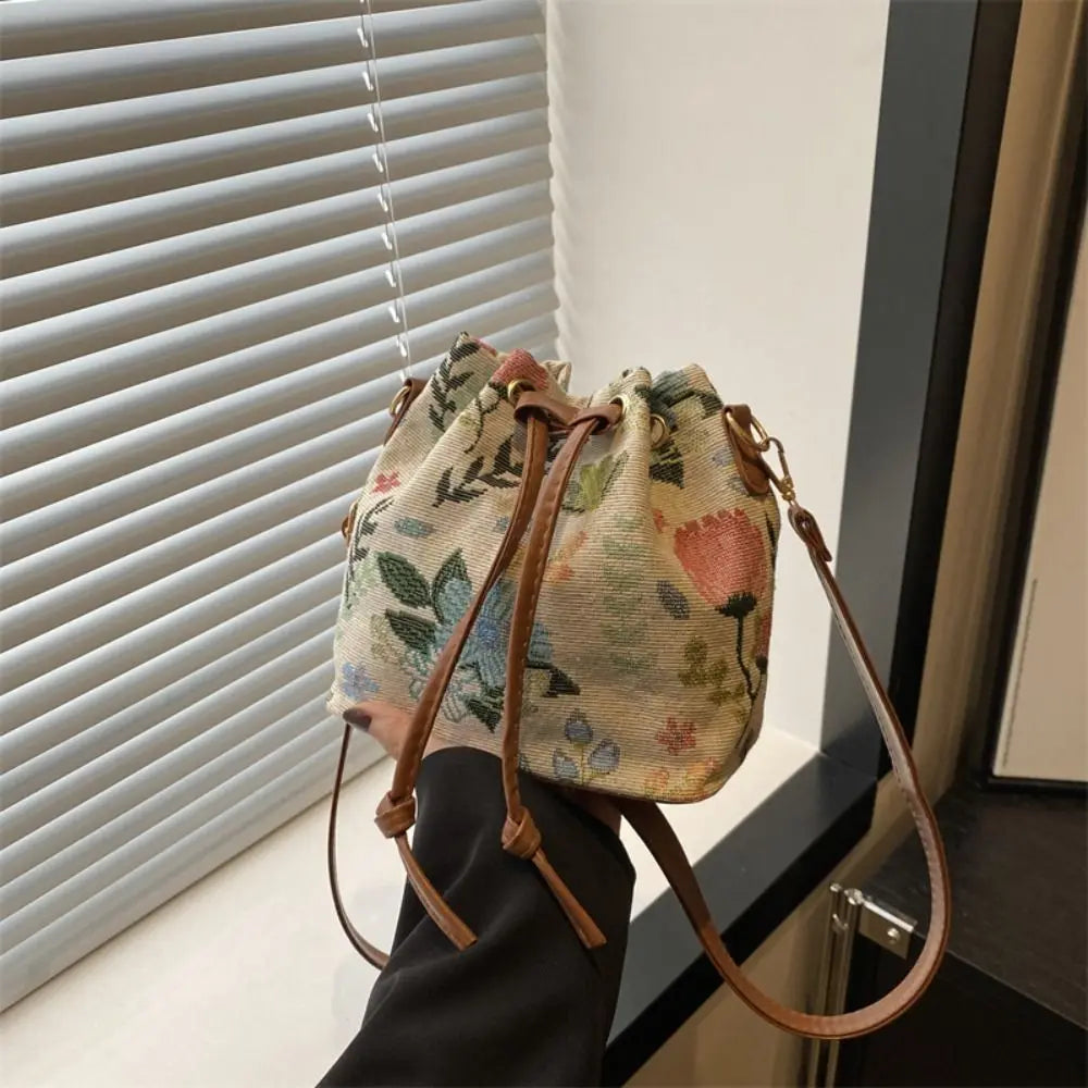 Bolso Tipo Cubo de Lino Floral Étnico para Mujer