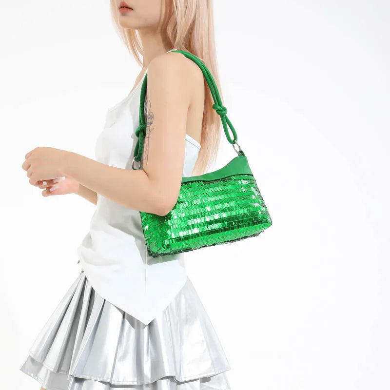 Bolsos de hombro informales con retales de lentejuelas para mujer, bolsos sencillos y versátiles para ir al trabajo, Color sólido, bolso para axila para chica