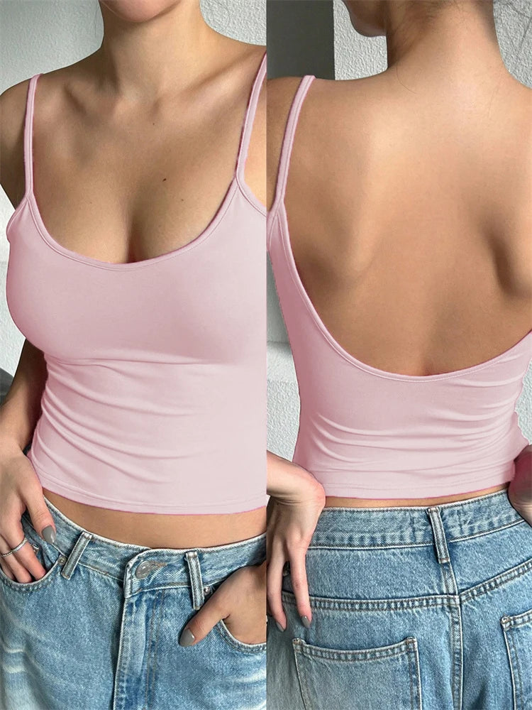 Top corto sin espalda para mujer, Top informal sin mangas de Color sólido, ropa de calle Y2K