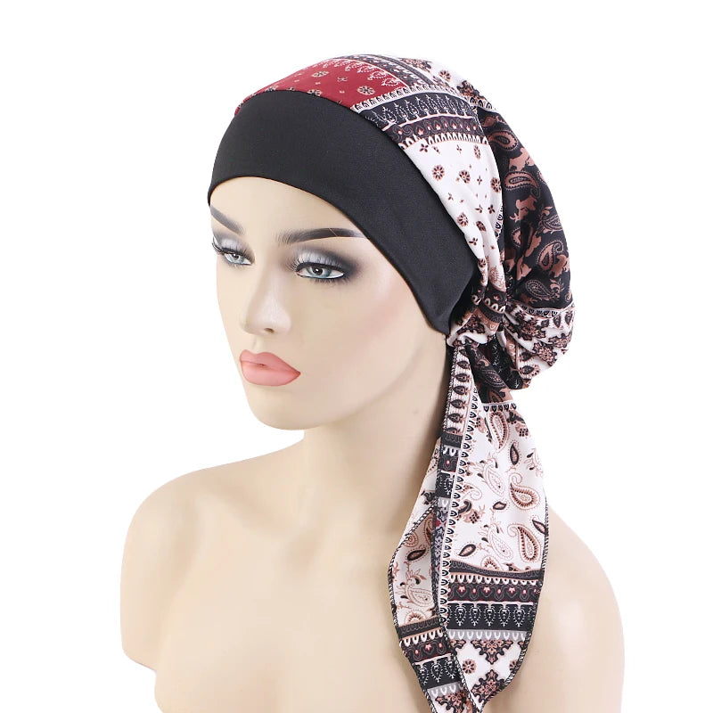 Nuevo pañuelo para la cabeza con estampado satinado para mujer, turbante musulmán elástico preatado, gorro para dormir para quimioterapia, cubierta para la pérdida de cabello, pañuelo para la cabeza