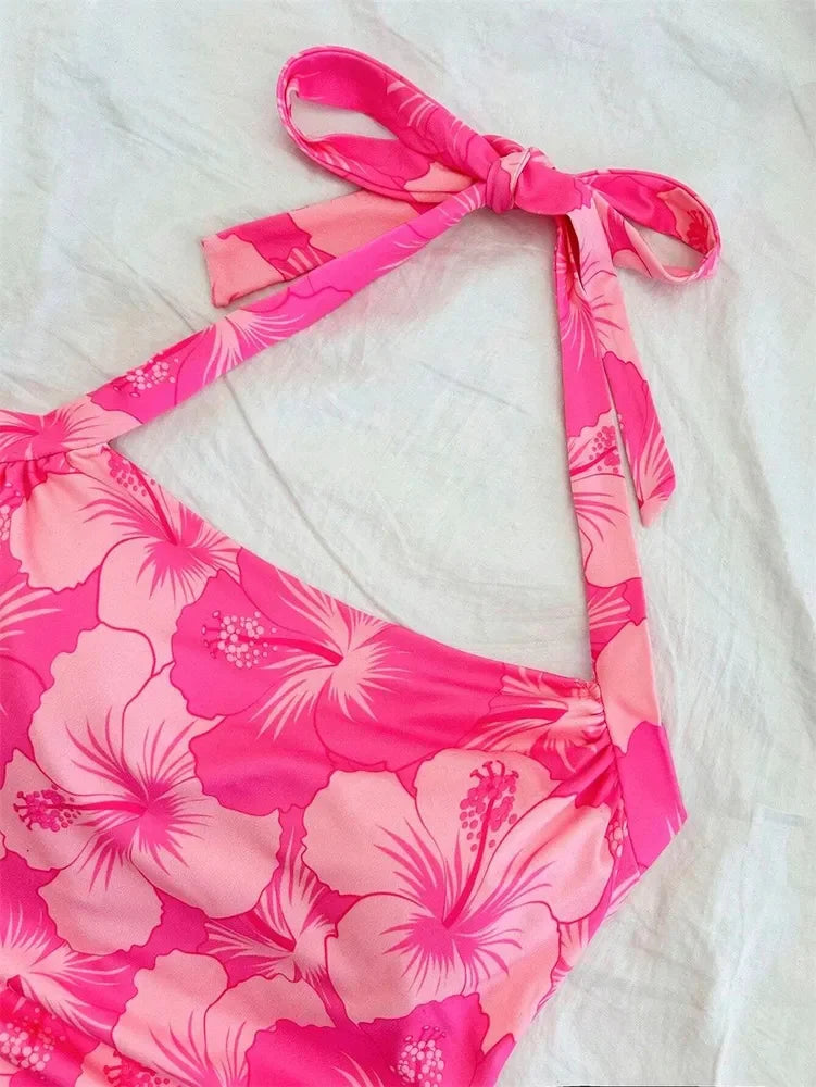 Top corto con cintura fruncida Floral para mujer, Top Sexy con estampado con dibujo de verano, camiseta sin mangas con cuello Halter y espalda descubierta, ropa de calle Y2K