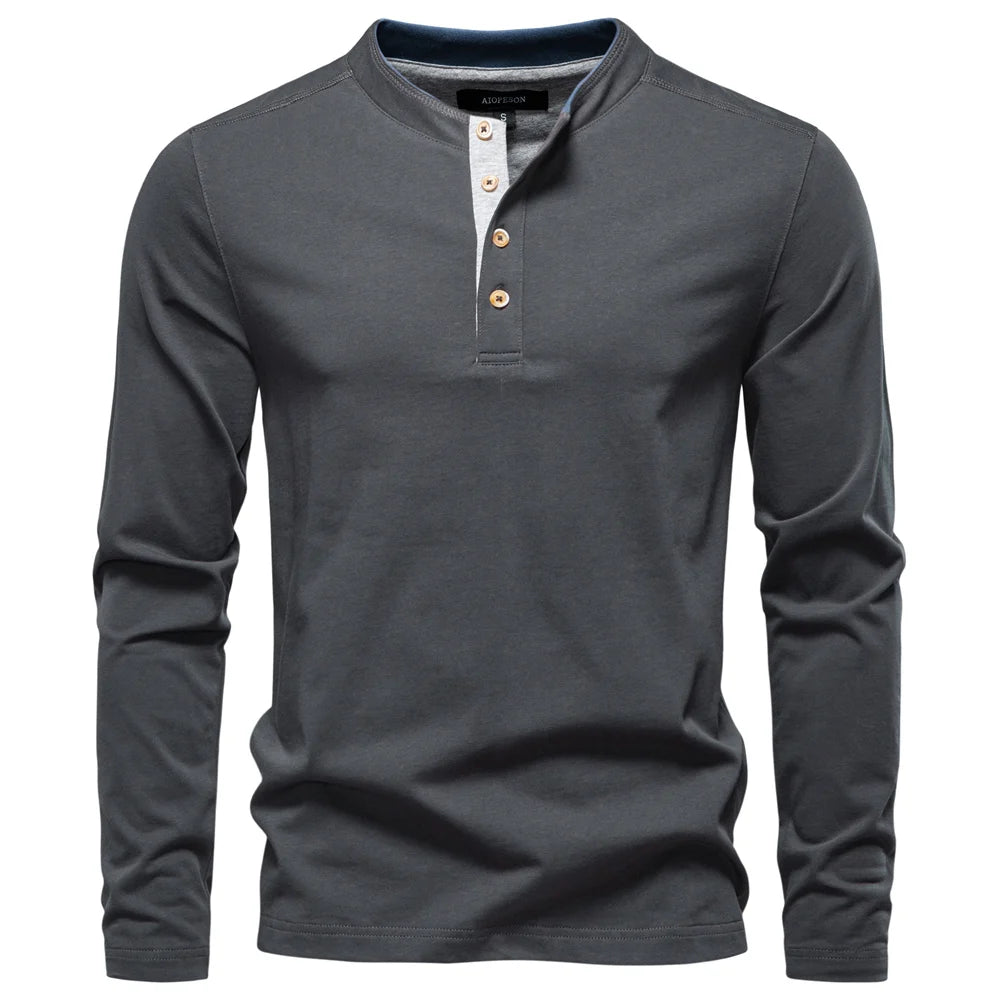 Camiseta Cuello Botón Algodón Hombre | Manga Larga Básica | Tallas S-XXL | Tico Trendy