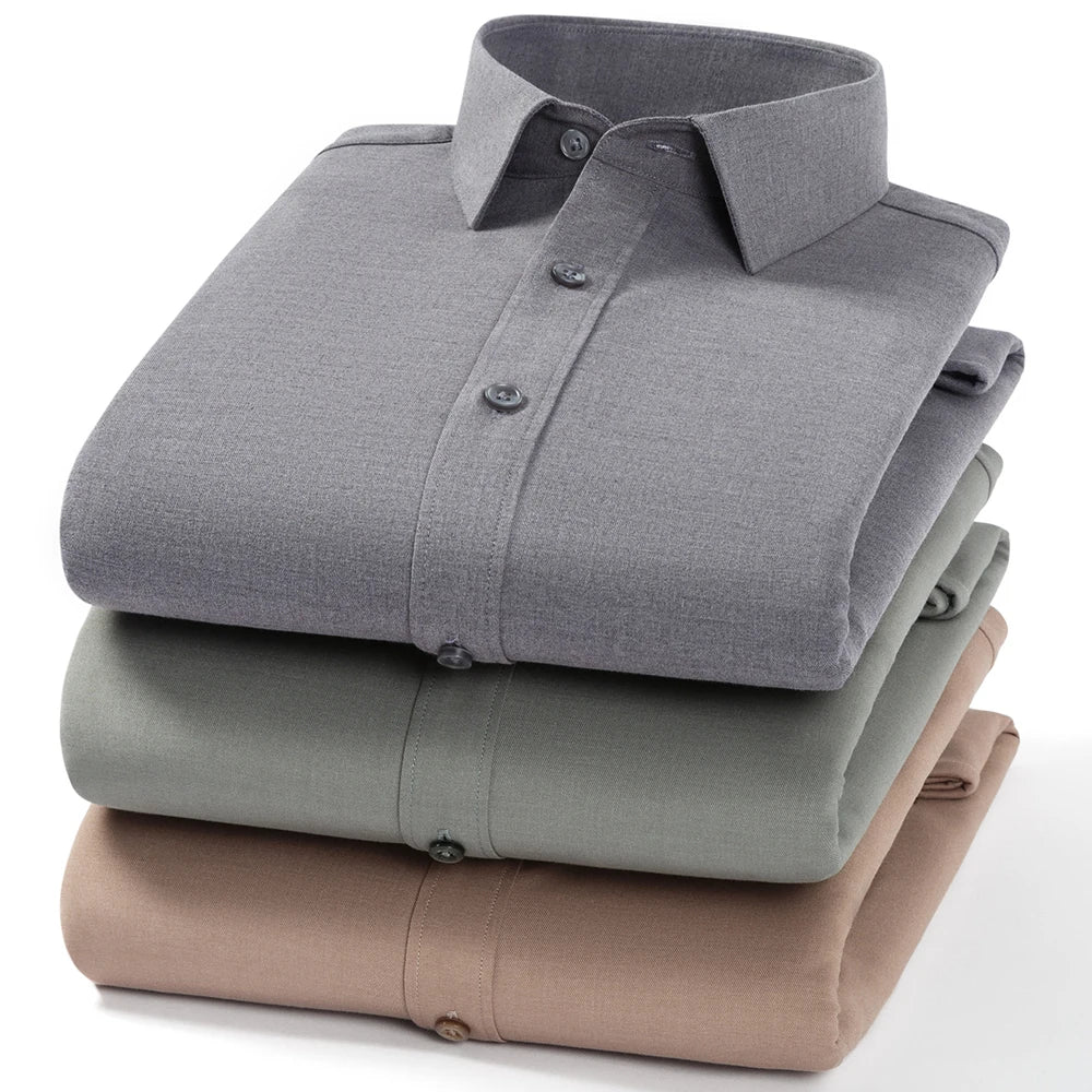 Camisa de Lana Cálida Hombre | Manga Larga | Negocios Casual | Color Sólido Suave