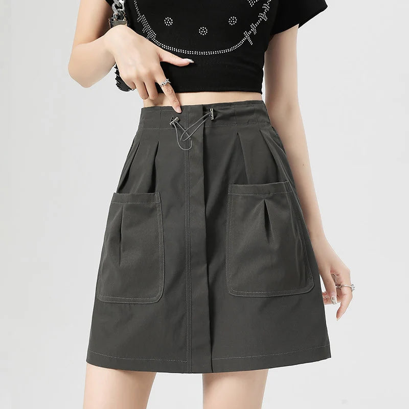 Falda Cargo Con Bolsillos Y Cordón Estilo Retro Americano