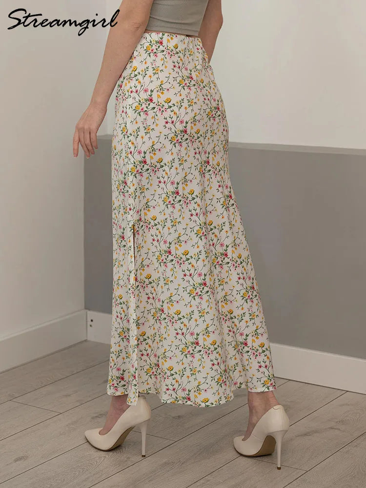 Falda Larga De Gasa Floral Con Abertura Y Vuelo De Verano
