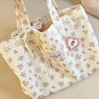 Bolso Tote de Lona Grande con Estampado Floral, Lazo de Encaje y Bordado