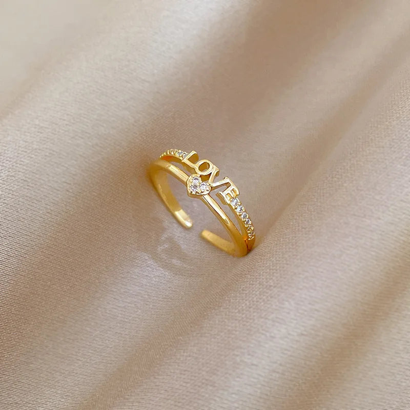 Anillos con letras de amor de circón chapado en oro de 18 quilates para mujeres y niñas, anillo de cobre abierto ajustable dulce, accesorios de joyería, regalos