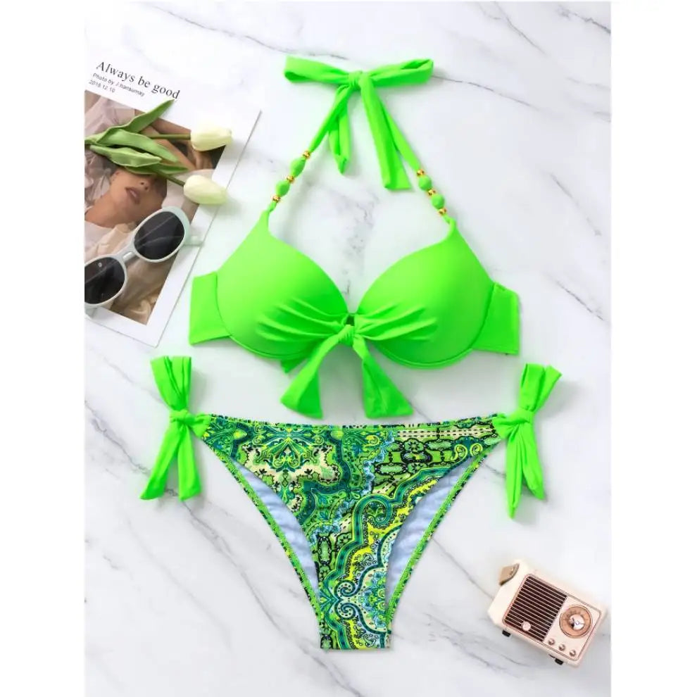 Bikini de Neón con Lazo Lateral y Estampado de Cachemira Push Up