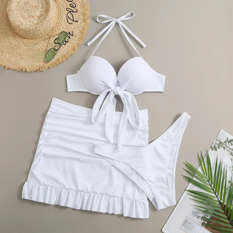 Conjunto de Bikini 3 Piezas con Falda - Top con Nudo y Bottom de Tiro Alto