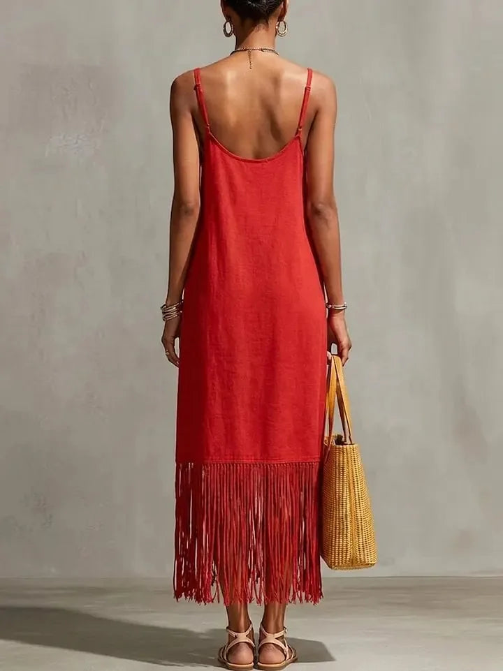 Vestido Largo Casual con Tirantes y Borlas