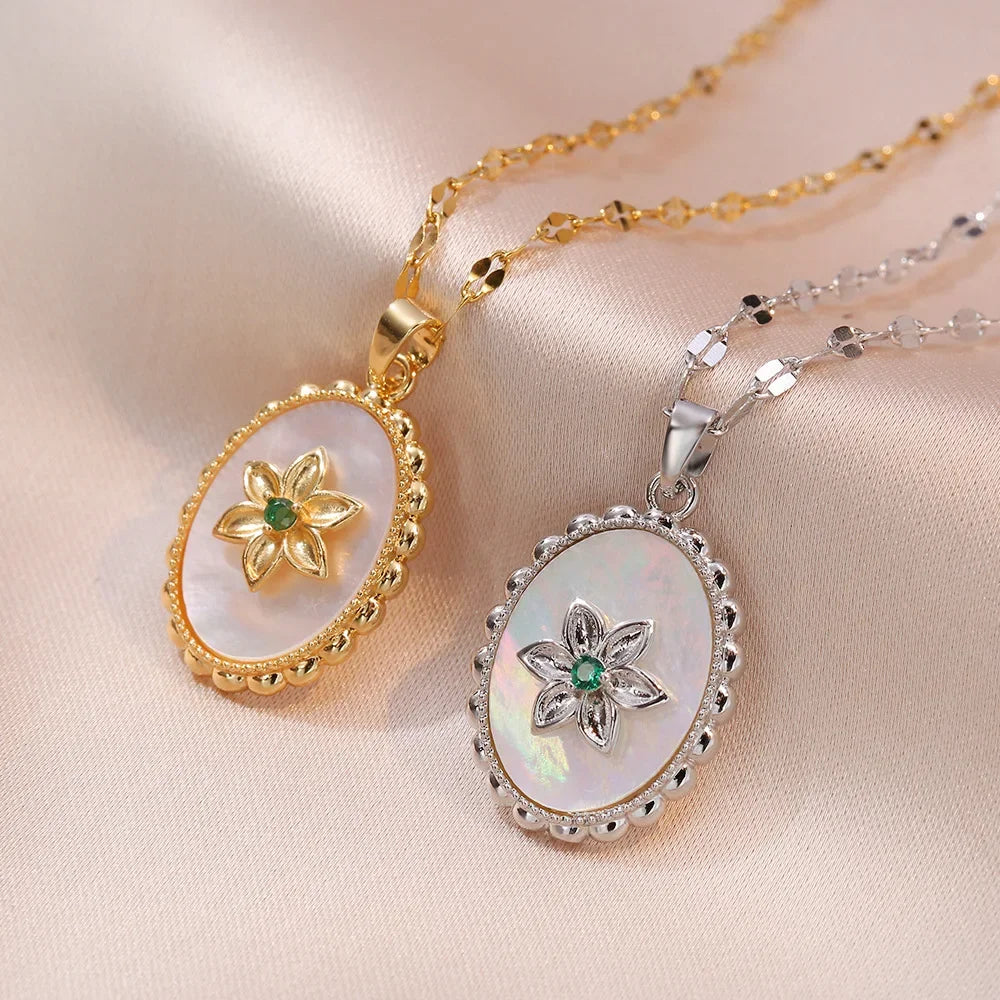 Collar Dorado | Colgante De Flor De Circón Concha Acero Inoxidable Mujeres Niñas