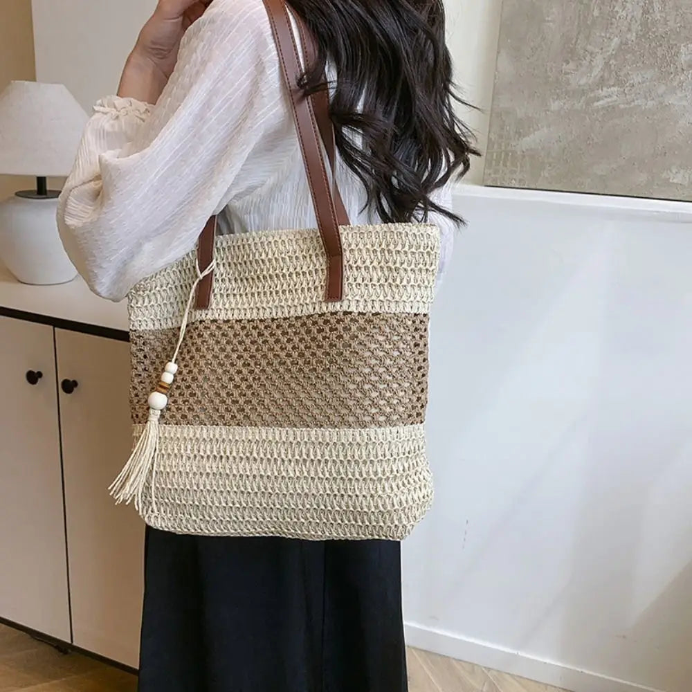 Bolso de Paja Tejida Hecho a Mano con Colgante de Flecos para Mujer