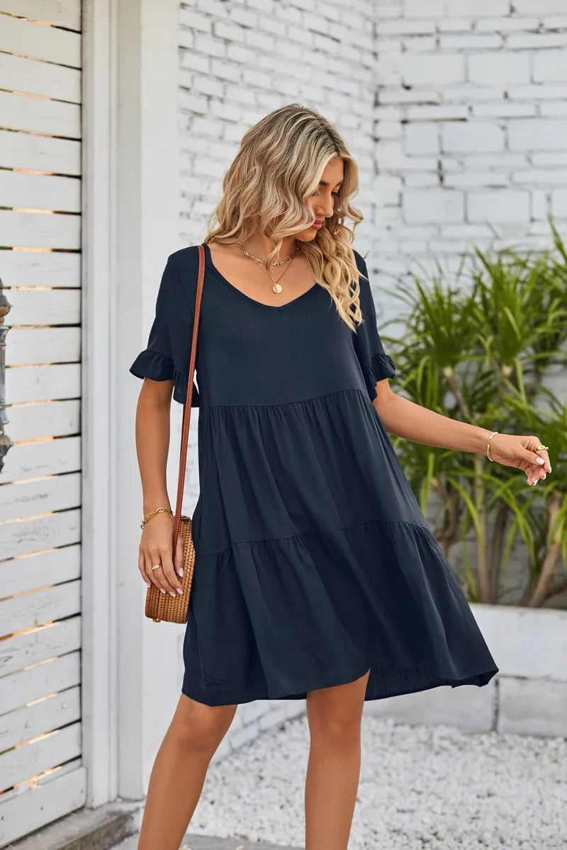 Vestido Midi de Playa | Algodón Liso Cuello V | Mangas Cortas con Volantes | Tico Trendy