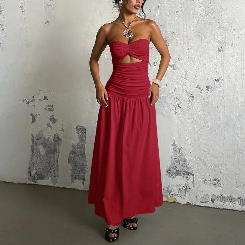 Vestido Plisado Sin Tirantes Hombros Descubiertos