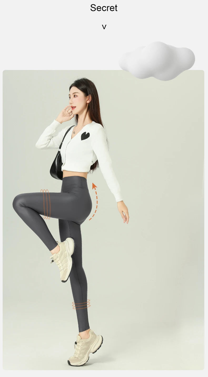 Leggings PU Cuero Invierno | Lana Fina Sexy Ajustado | Cintura Alta Elástico Cálido