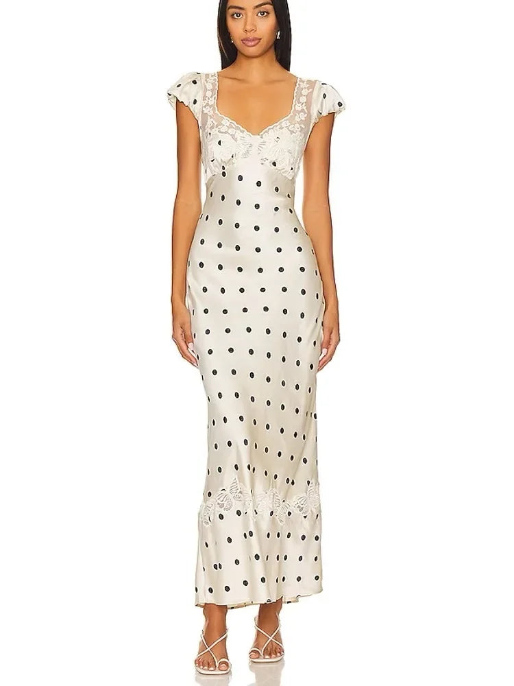 Vestido Maxi Lunares Encaje Espalda Descubierta | Estilo Francés Dulce Primavera Verano
